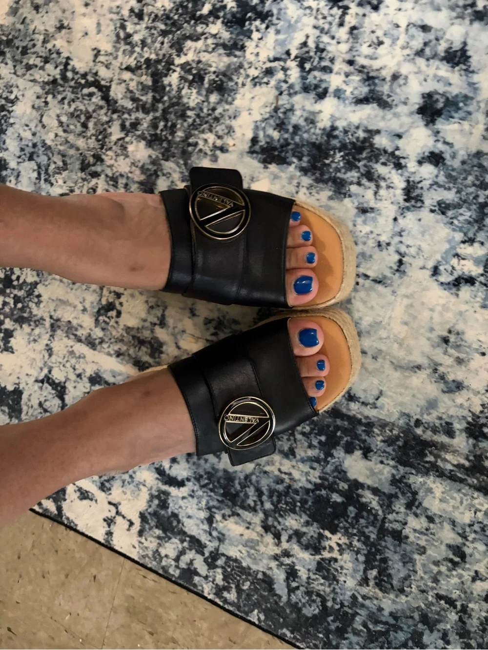Mario Valentino Black Leather Platform Espadrille Slide with Gold Emblem